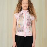 Puff Sleeve Floral Turtleneck Zip Up