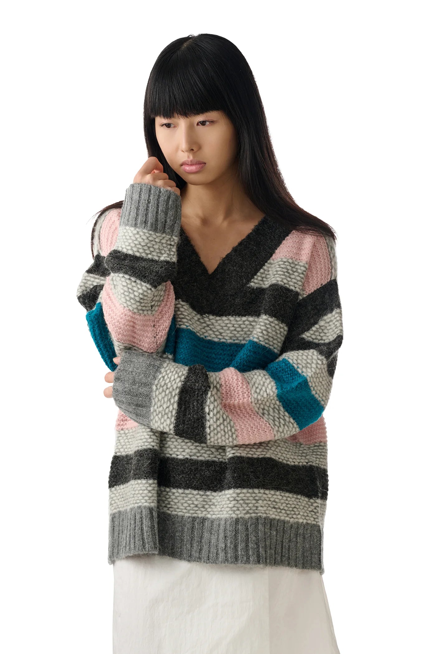 Striped Garter Sweater (Pink/Grey)