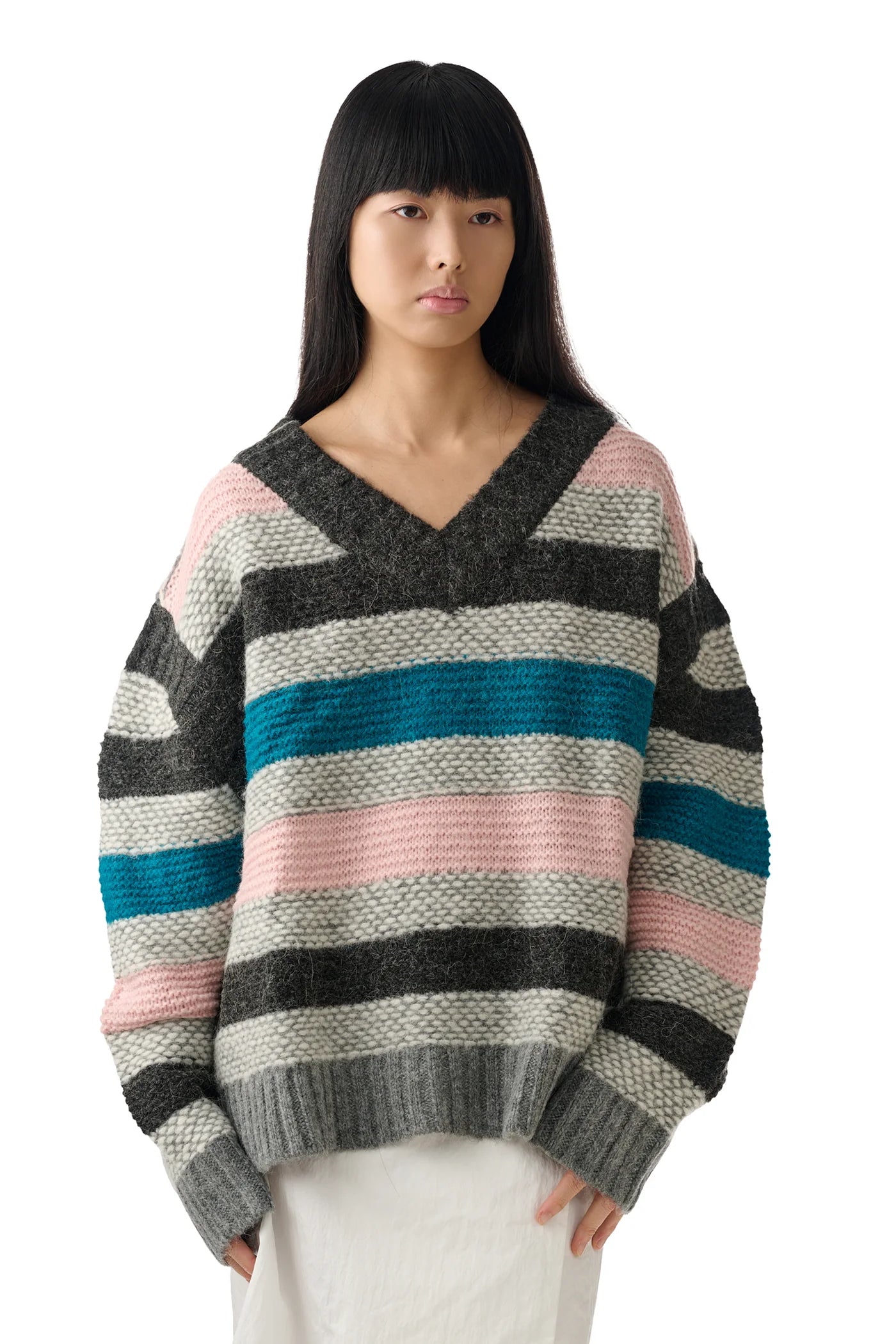 Striped Garter Sweater (Pink/Grey)