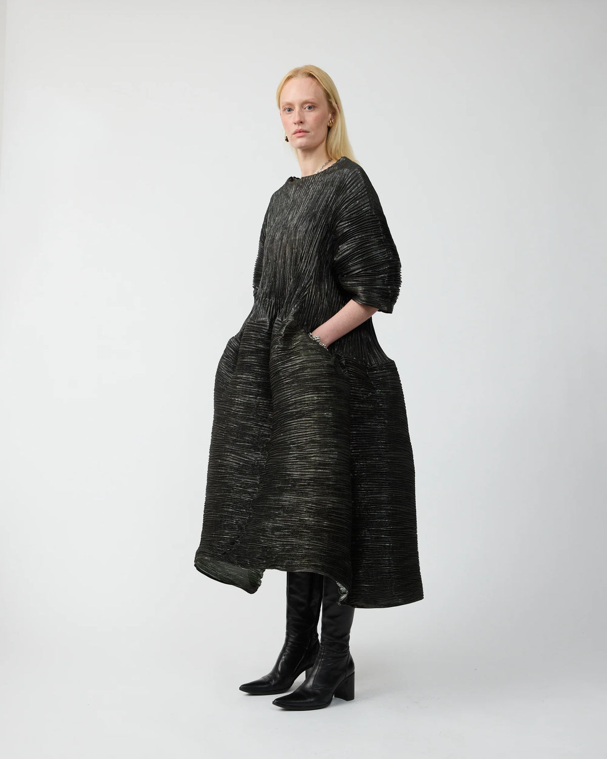 Pax Handpleated Dress in Moss Metallic