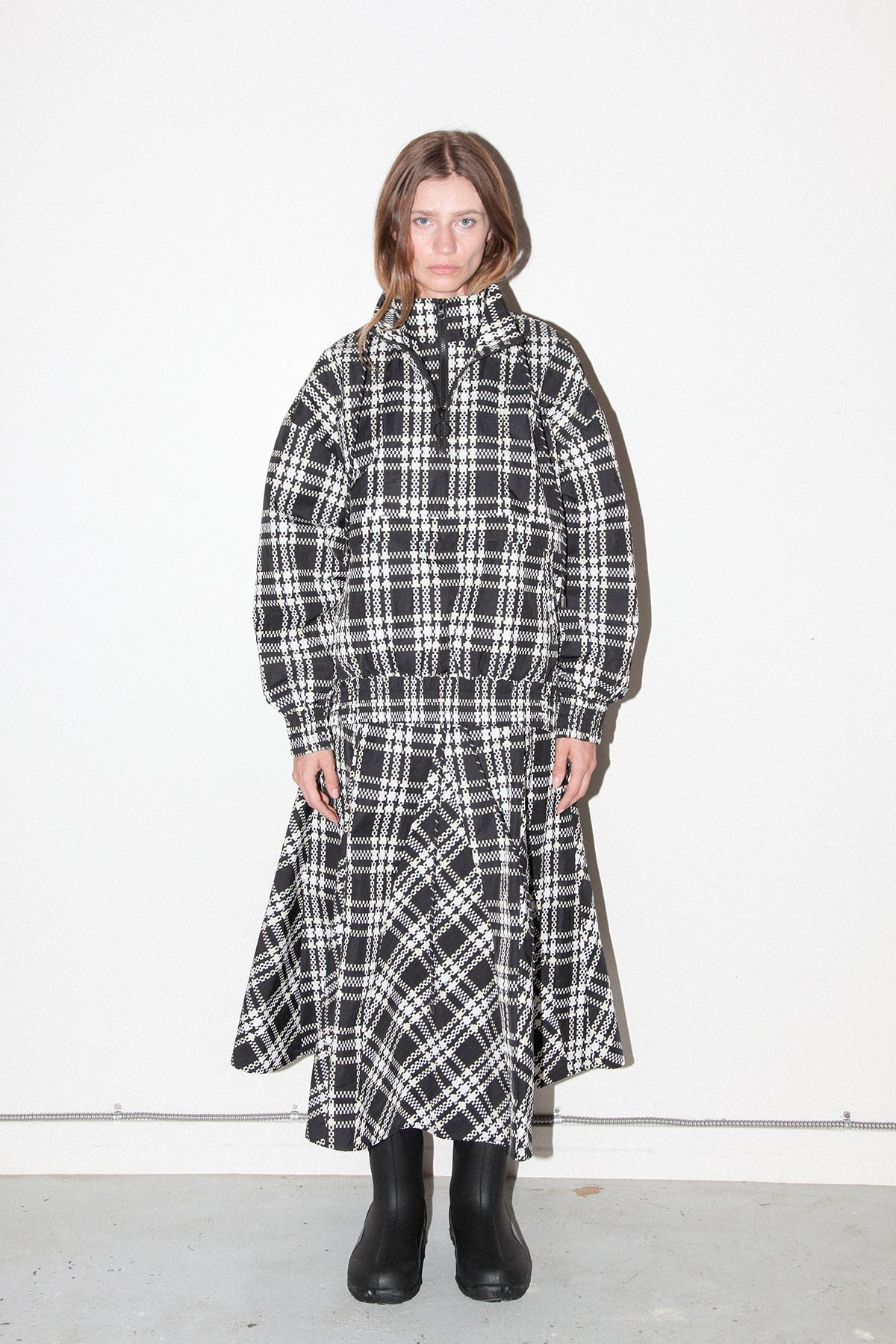 Plaid Trail Double Mock Neck Jacket (Black Plaid)