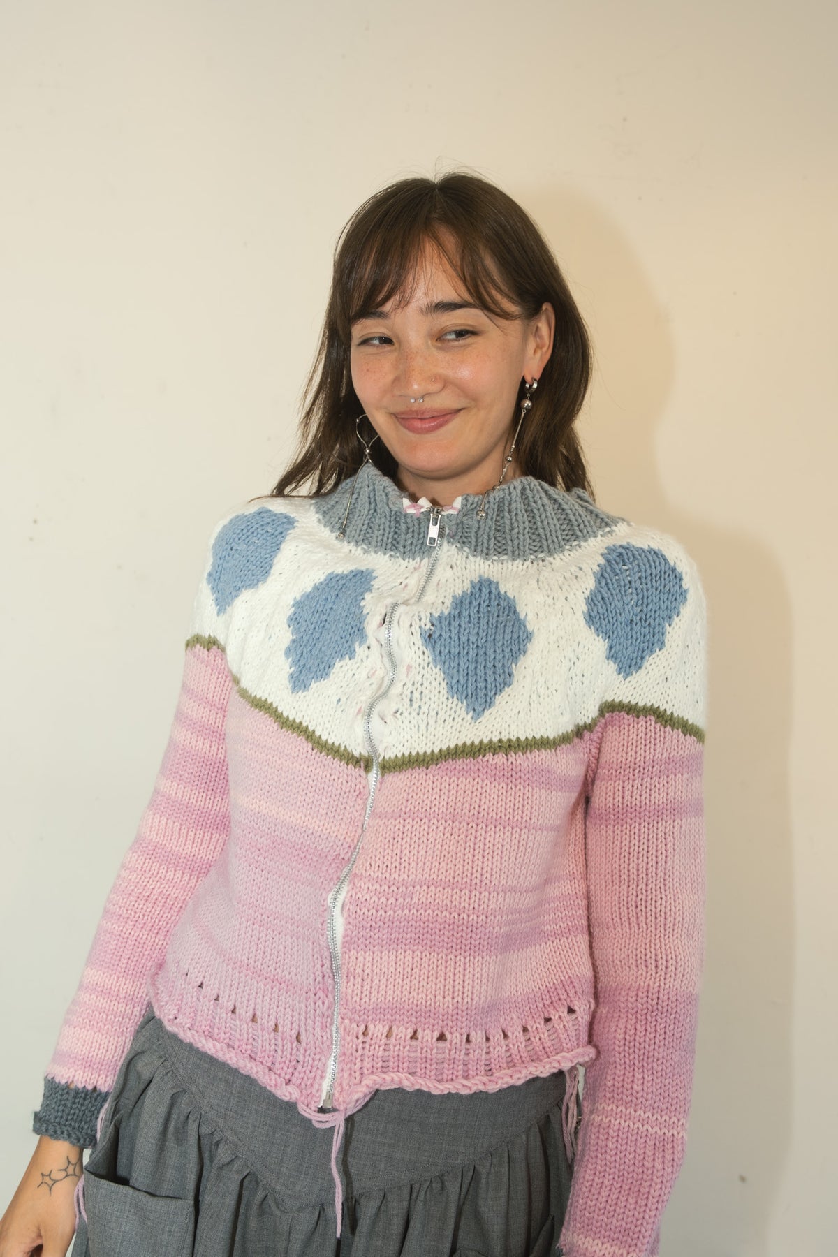 Zip Up Knit (Pink/White)