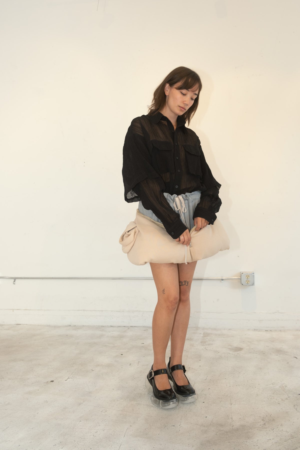 Wrap-Zip Puffer Skirt (Beige/Gray)