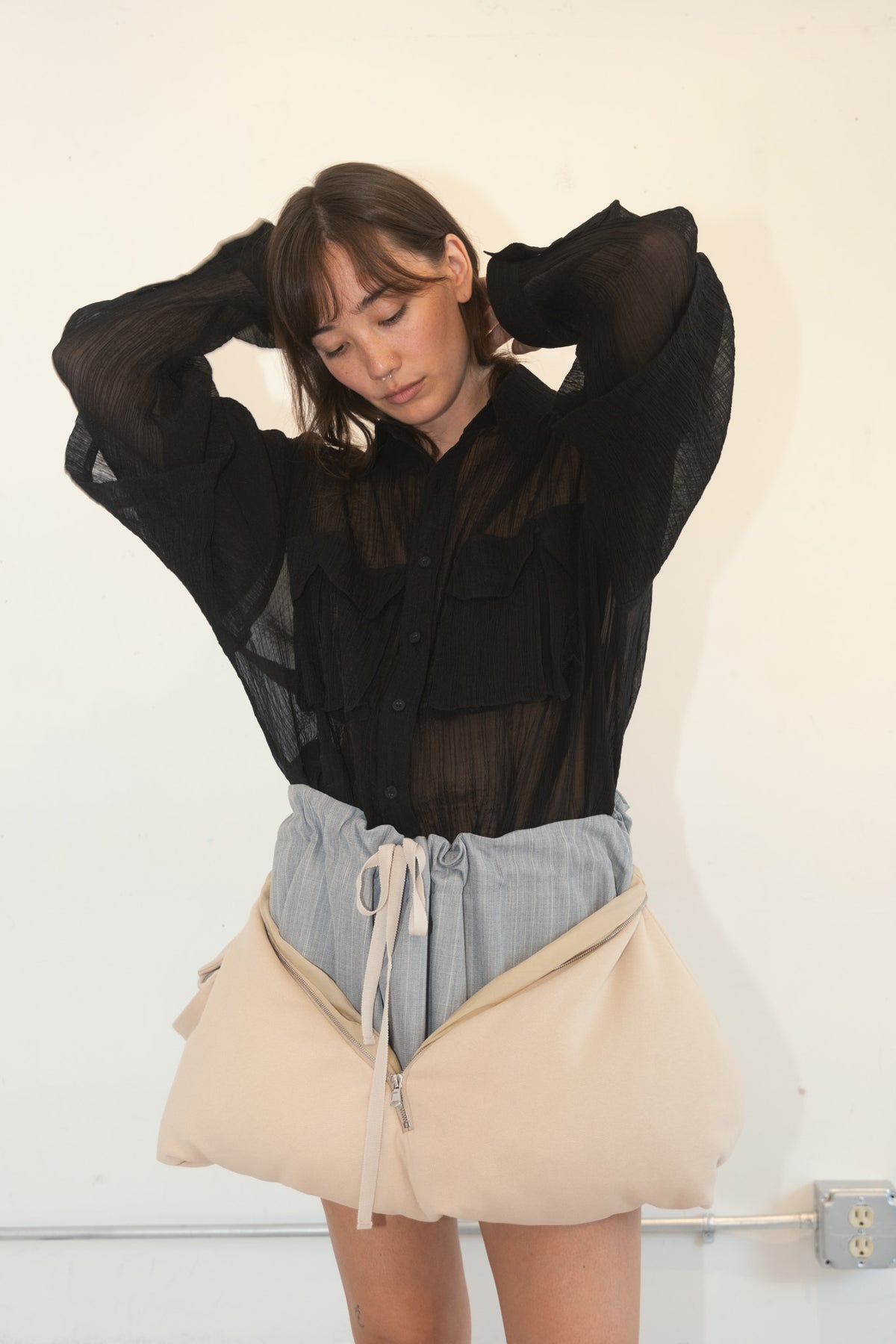 Wrap-Zip Puffer Skirt (Beige/Gray)