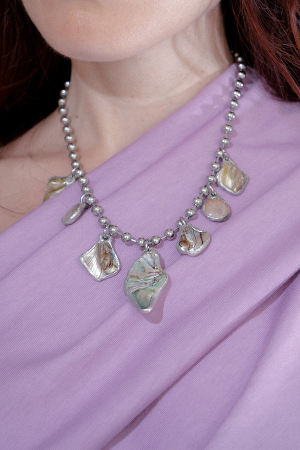 7 Charm Necklace (Iridescent Abalone, Rose Quartz)