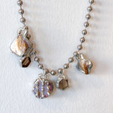 5 Charm Necklace (Abalone, Smoky Quartz, Iridescent Glass Bead)