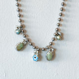 5 Charm Necklace (Green & Blue Pearls, Turquoise, & Evil Eye)