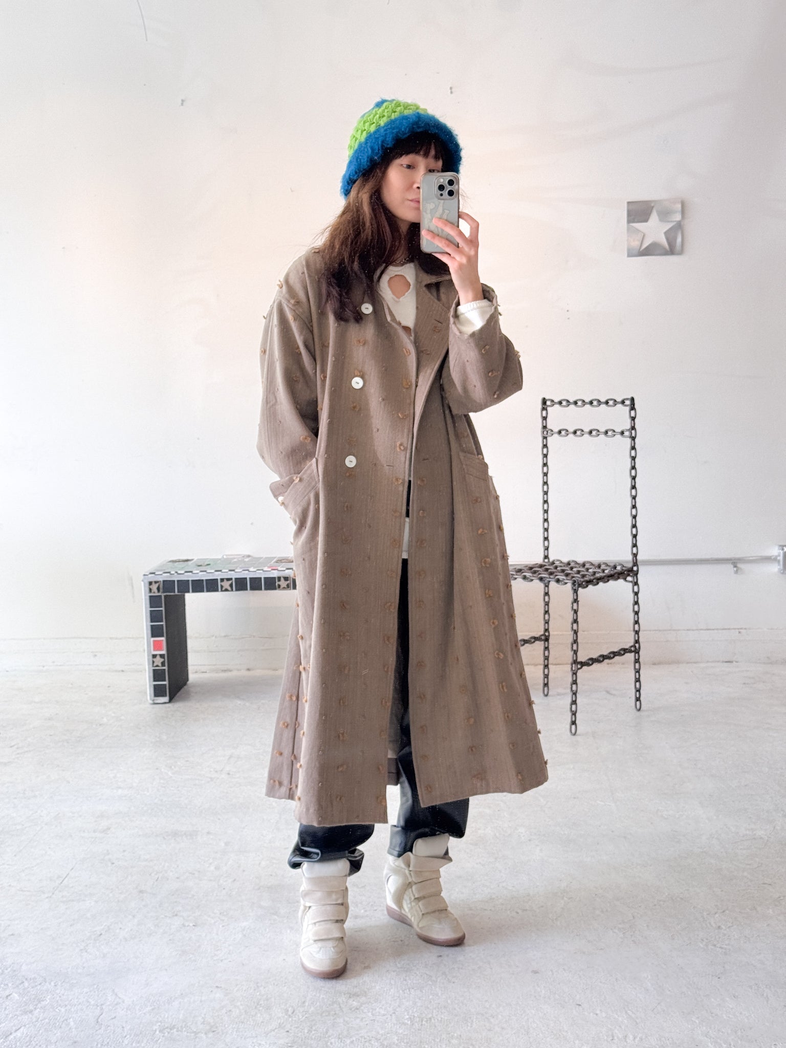 Wool Mohair Bucket Hat (Green/Blue)