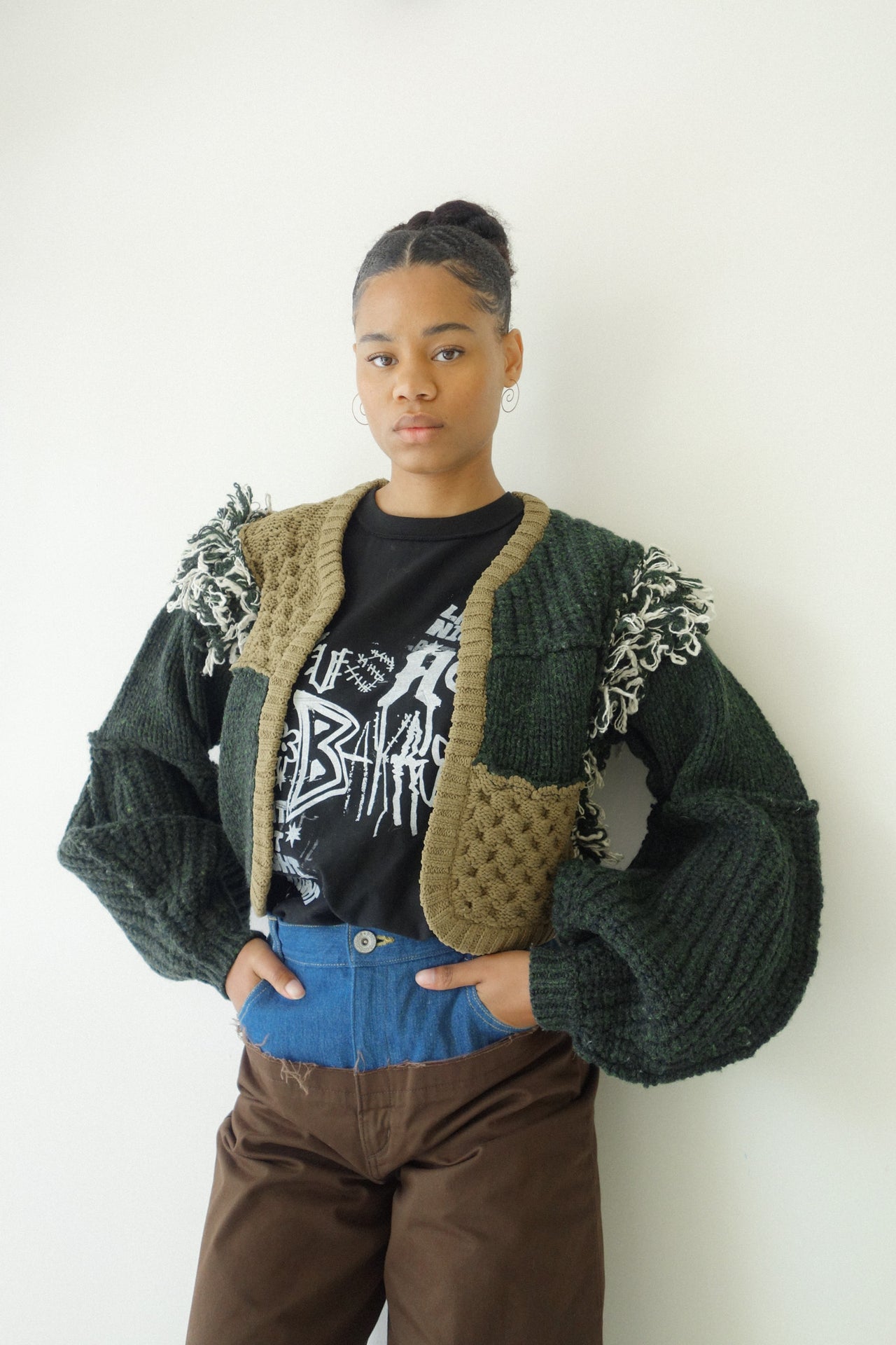 Hand Knitted Patchwork Cardigan (Khaki)