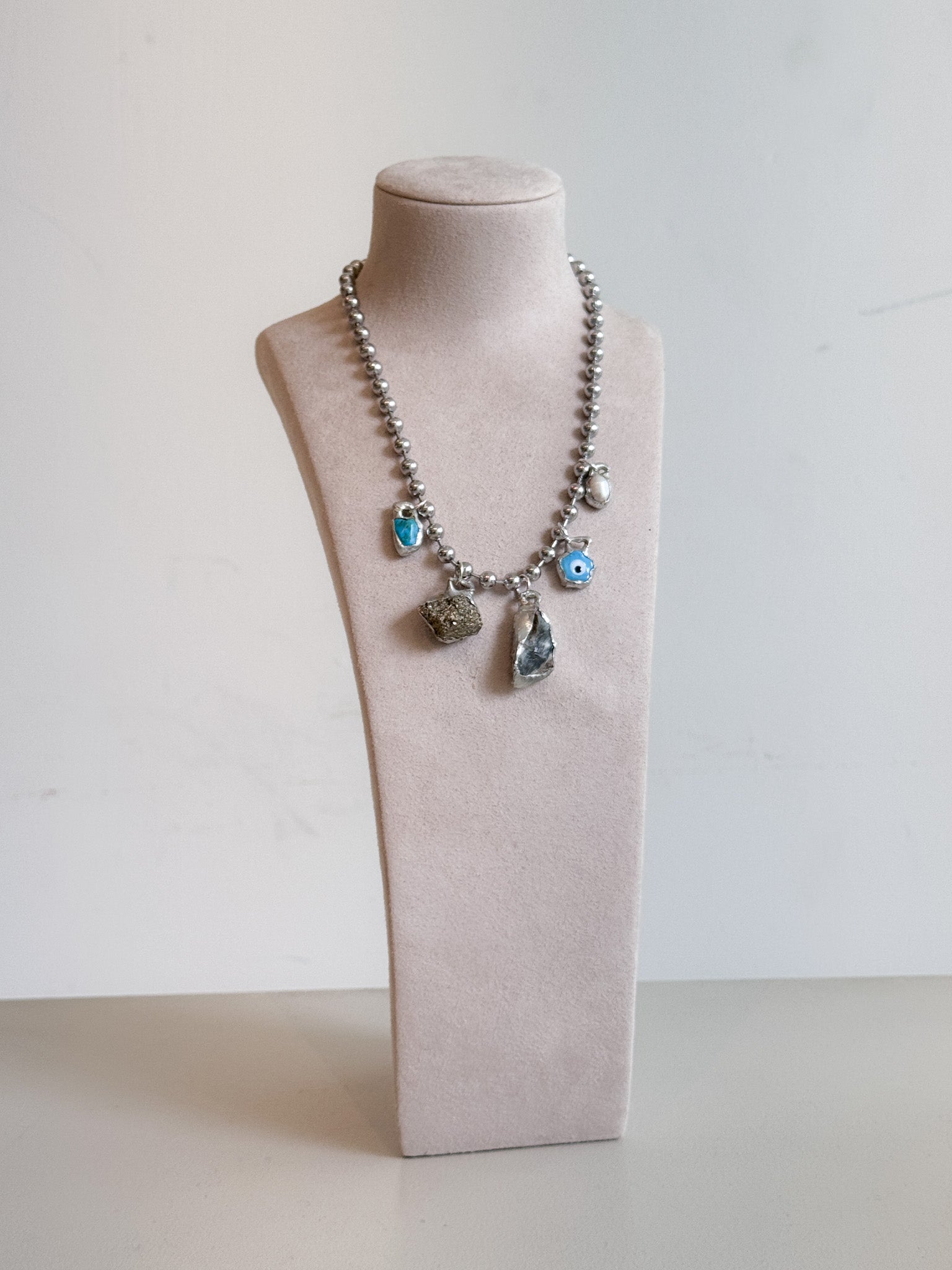 5 Charm Necklace (Turquoise, Fools Gold, Ceramic Evil Eye, Pearl)