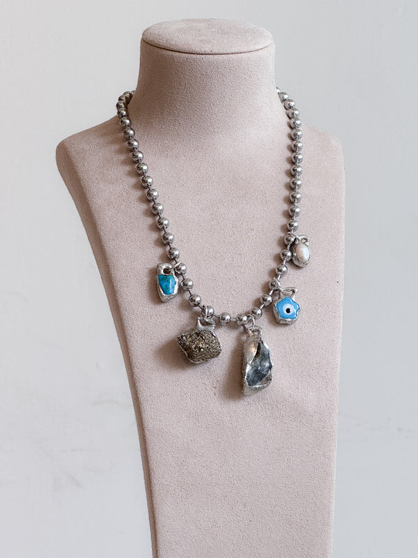 5 Charm Necklace (Turquoise, Fools Gold, Ceramic Evil Eye, Pearl)