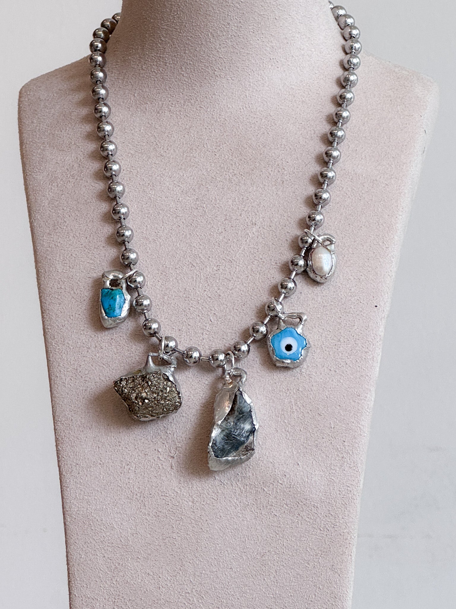 5 Charm Necklace (Turquoise, Fools Gold, Ceramic Evil Eye, Pearl)