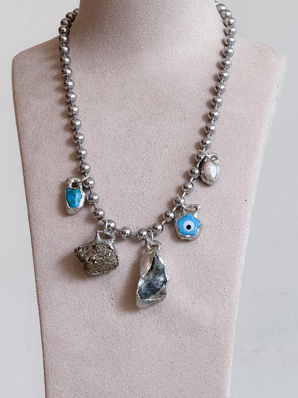 5 Charm Necklace (Turquoise, Fools Gold, Ceramic Evil Eye, Pearl)
