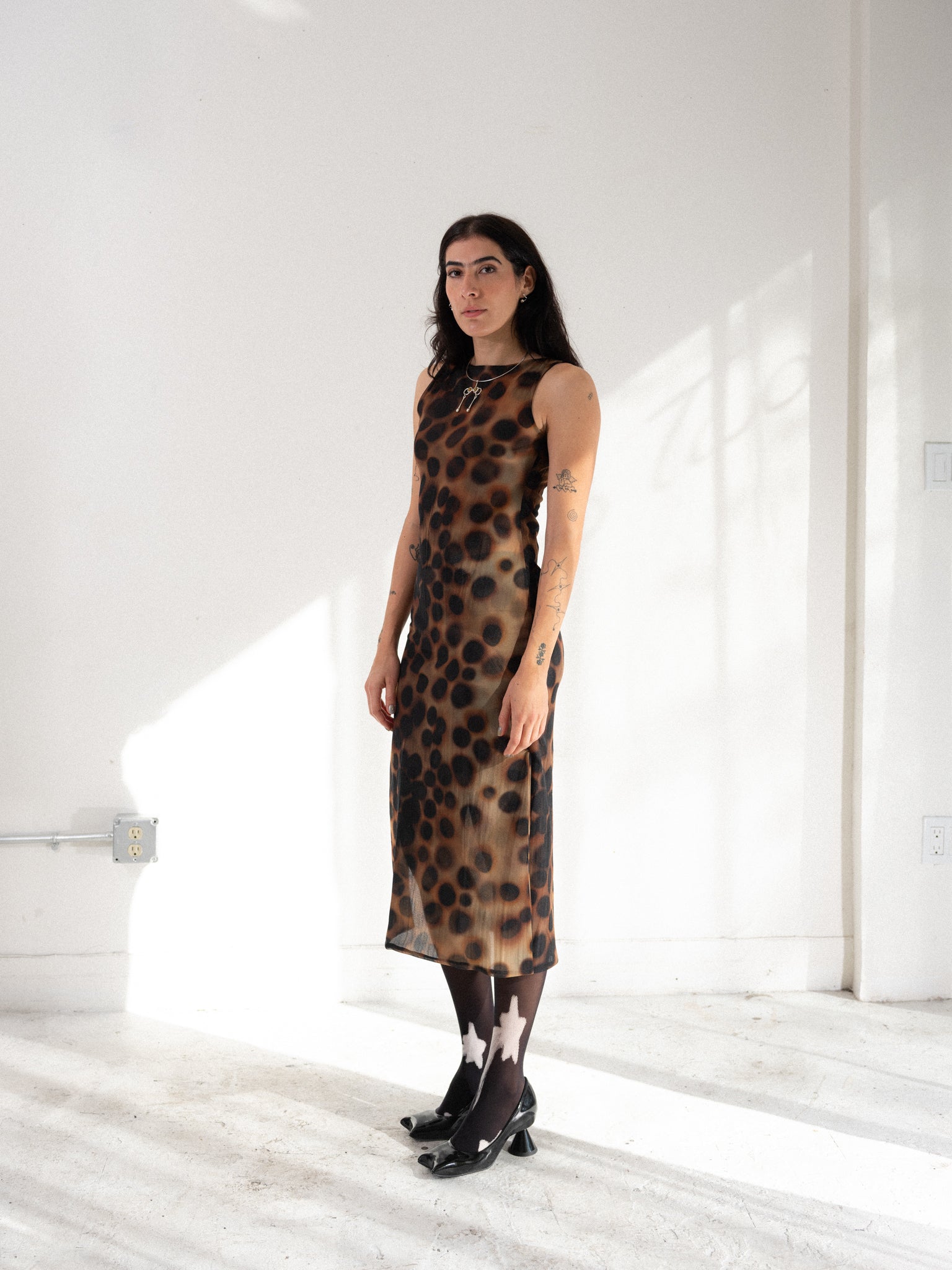 Cowrie Dot Mesh Boatneck Midi Dress