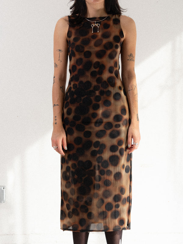 Cowrie Dot Mesh Boatneck Midi Dress