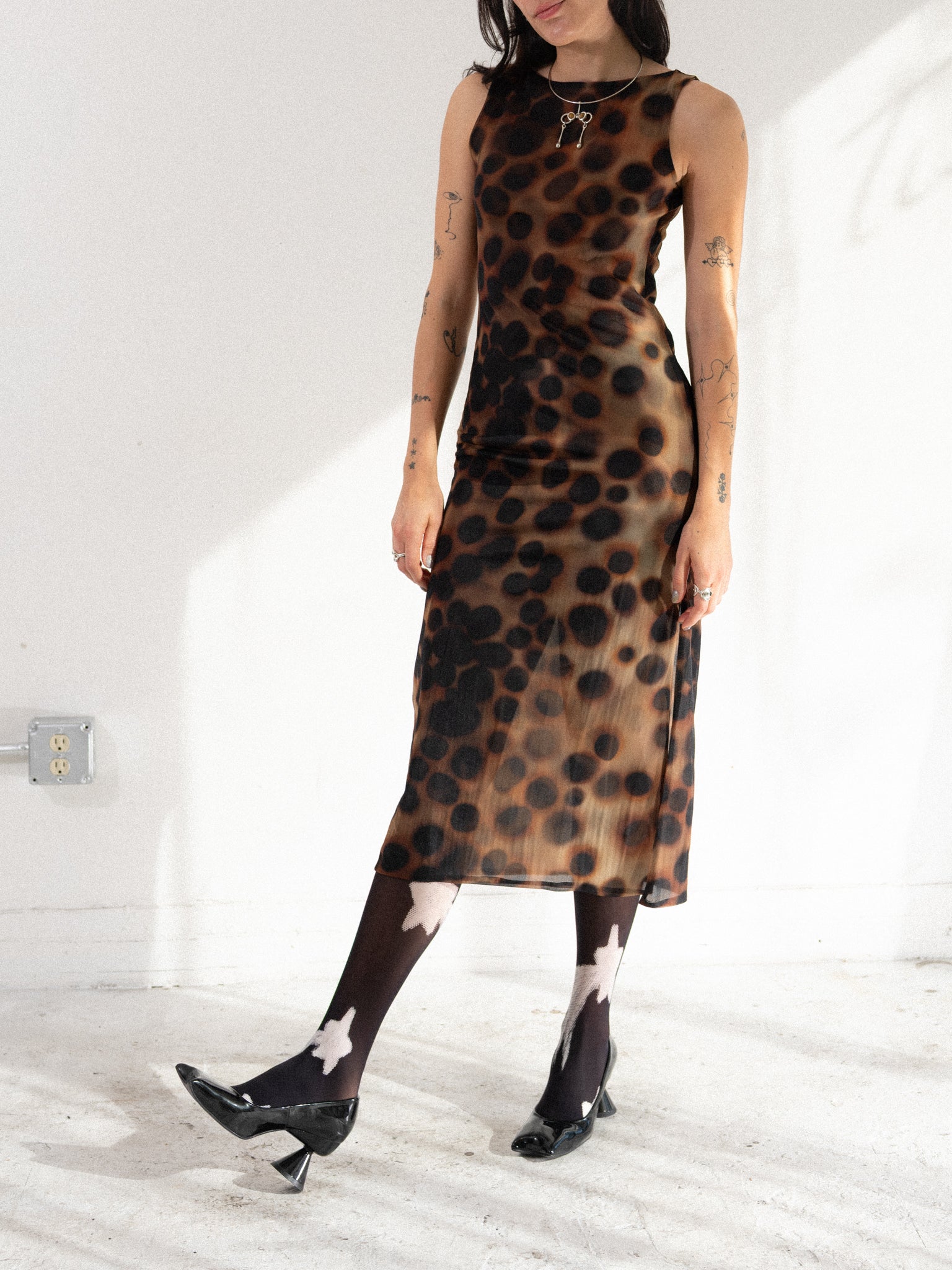 Cowrie Dot Mesh Boatneck Midi Dress