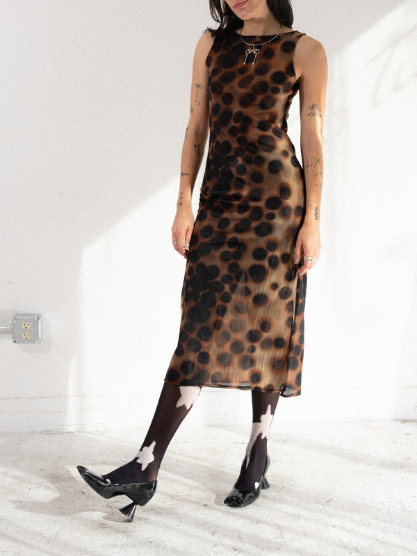 Cowrie Dot Mesh Boatneck Midi Dress