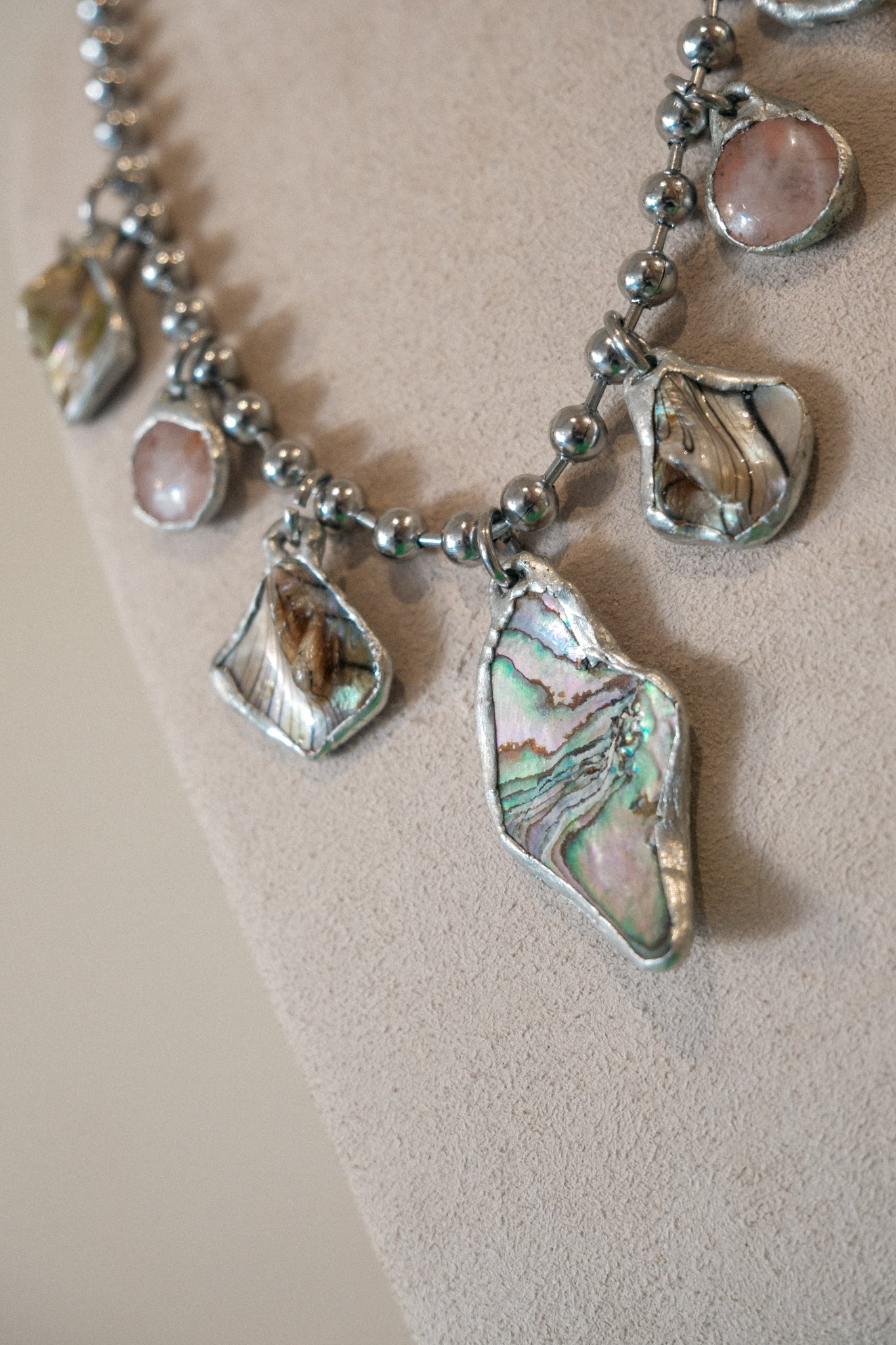 7 Charm Necklace (Iridescent Abalone, Rose Quartz)