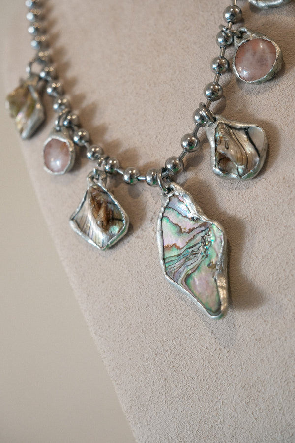 7 Charm Necklace (Iridescent Abalone, Rose Quartz)