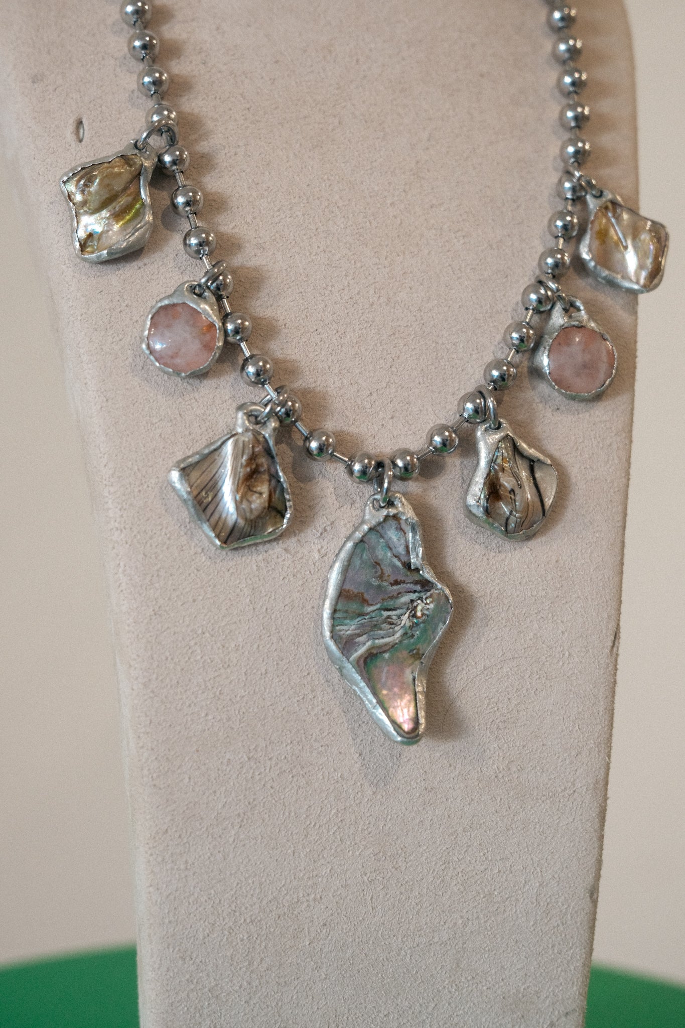 7 Charm Necklace (Iridescent Abalone, Rose Quartz)