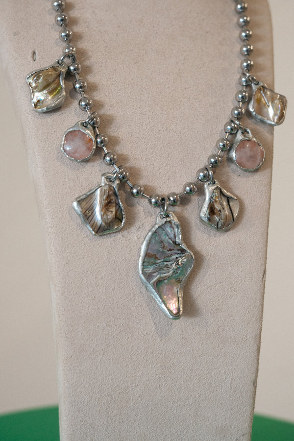 7 Charm Necklace (Iridescent Abalone, Rose Quartz)