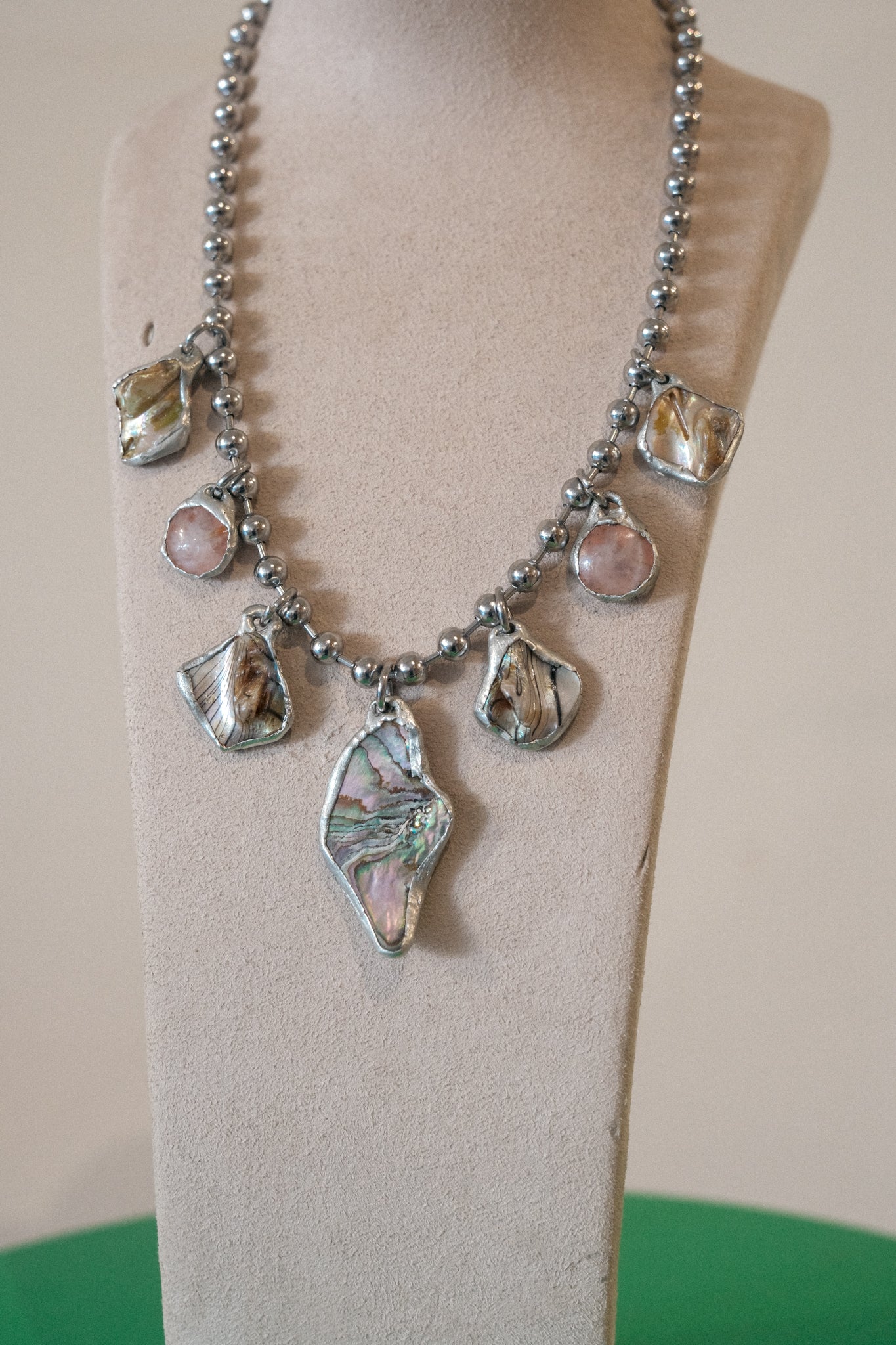 7 Charm Necklace (Iridescent Abalone, Rose Quartz)