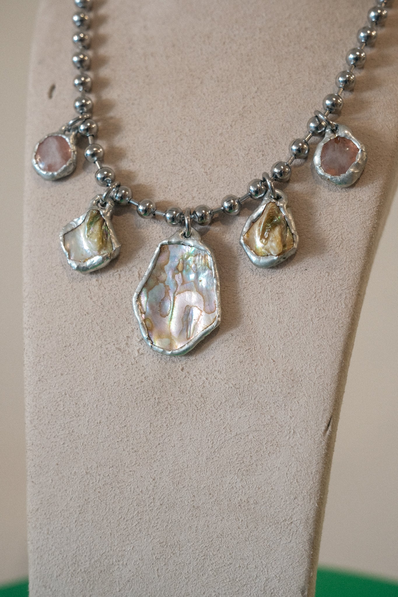 5 Charm Necklace (Irridescent Abalone, Rose Quartz)