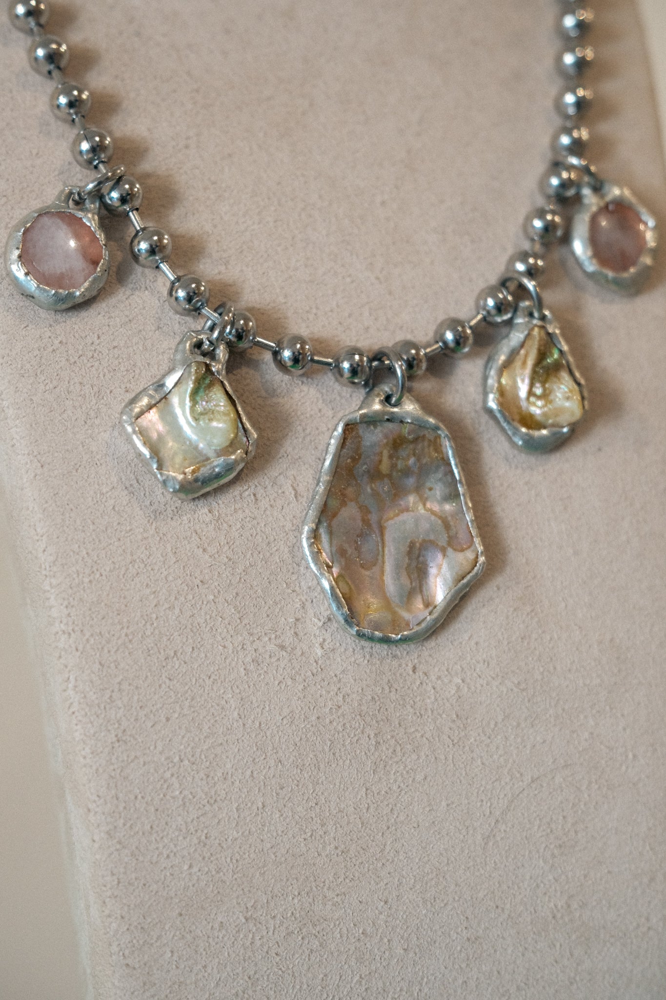 5 Charm Necklace (Irridescent Abalone, Rose Quartz)