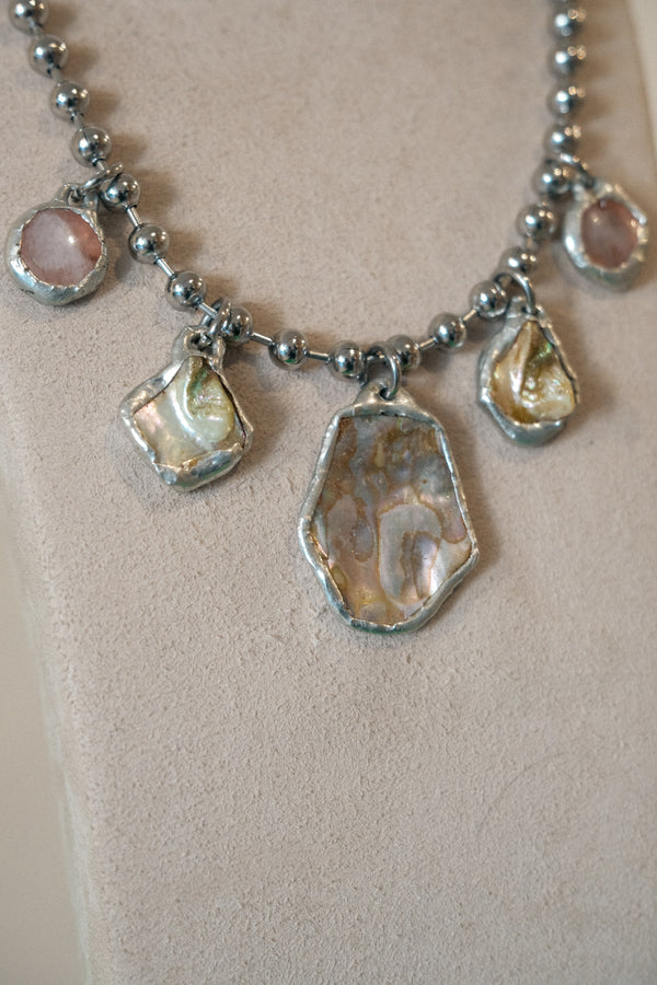 5 Charm Necklace (Irridescent Abalone, Rose Quartz)