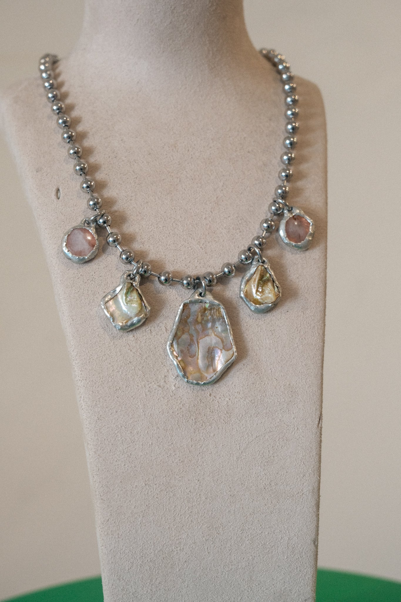 5 Charm Necklace (Irridescent Abalone, Rose Quartz)