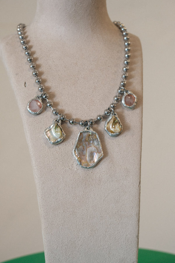 5 Charm Necklace (Irridescent Abalone, Rose Quartz)