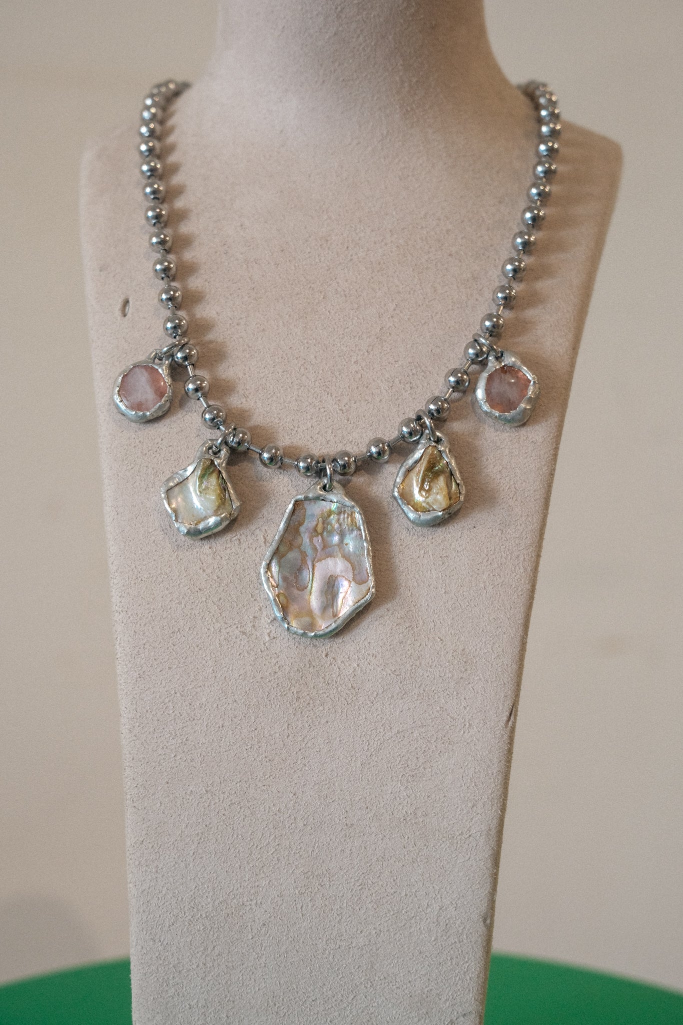 5 Charm Necklace (Irridescent Abalone, Rose Quartz)