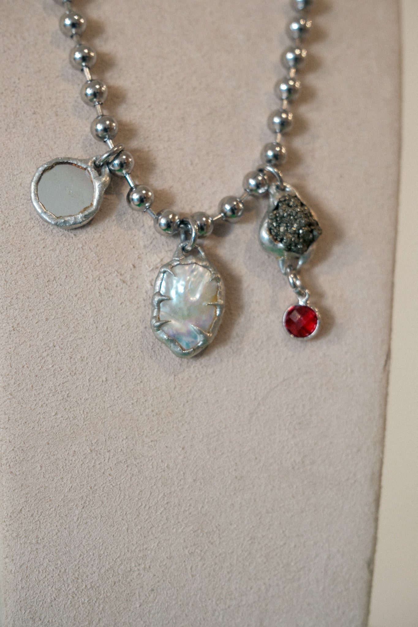 3 Charm Necklace (Freshwater Pearl, Mirror, Pyrite)