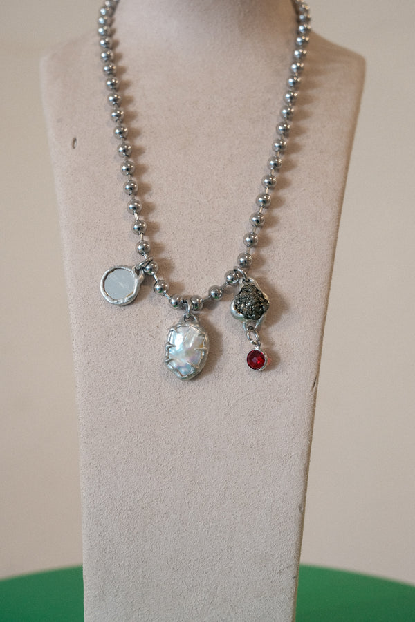 3 Charm Necklace (Freshwater Pearl, Mirror, Pyrite)