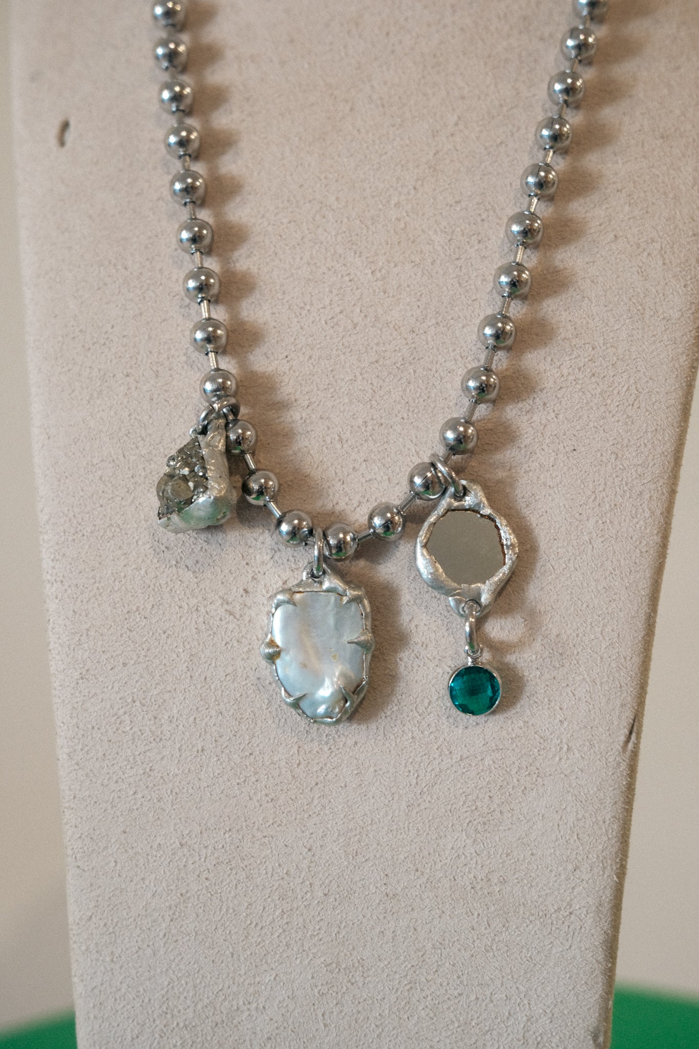 3 Charm Necklace (Freshwater Pearl, Mirror, Pyrite)