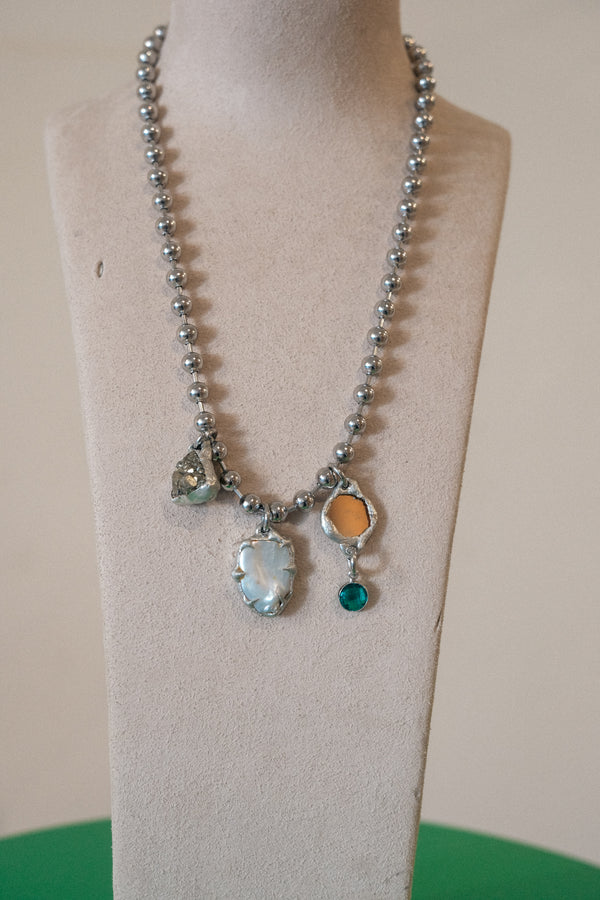 3 Charm Necklace (Freshwater Pearl, Mirror, Pyrite)