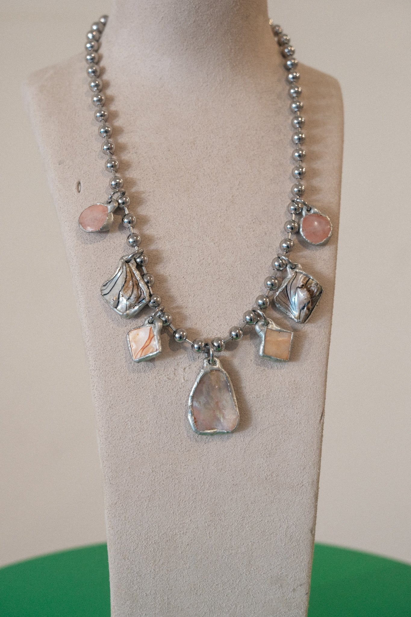 7 Charm Necklace (Iridescent Abalone, Rose Quartz)