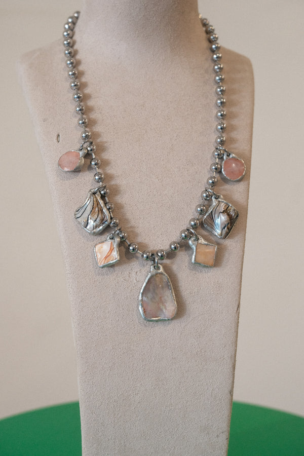7 Charm Necklace (Iridescent Abalone, Rose Quartz)