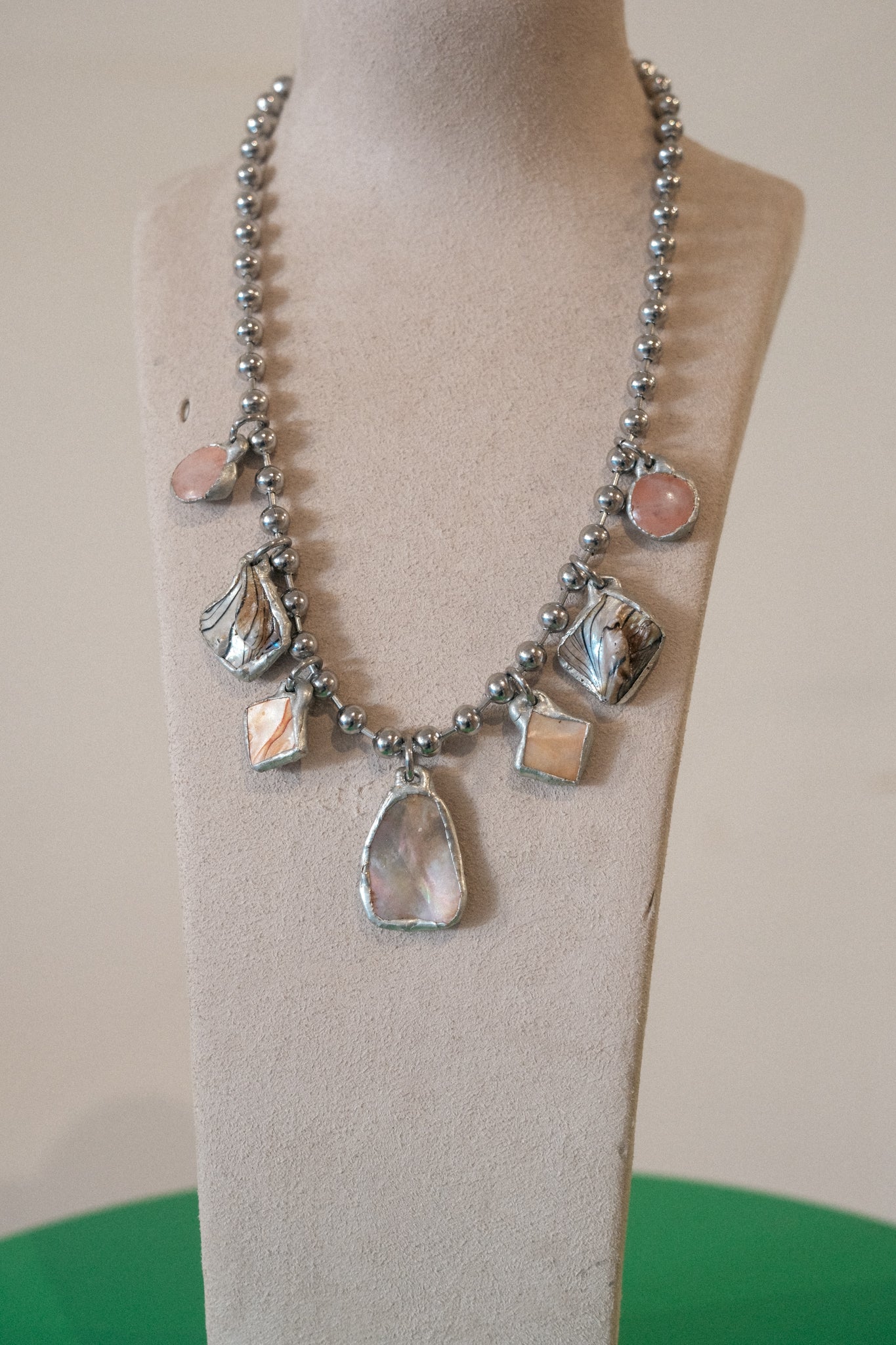 7 Charm Necklace (Iridescent Abalone, Rose Quartz)