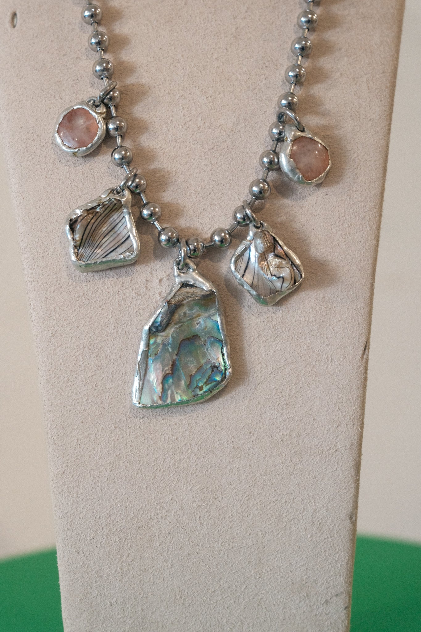 5 Charm Necklace (Irridescent Abalone, Rose Quartz)