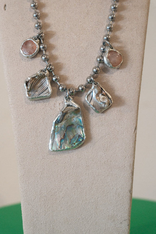 5 Charm Necklace (Irridescent Abalone, Rose Quartz)