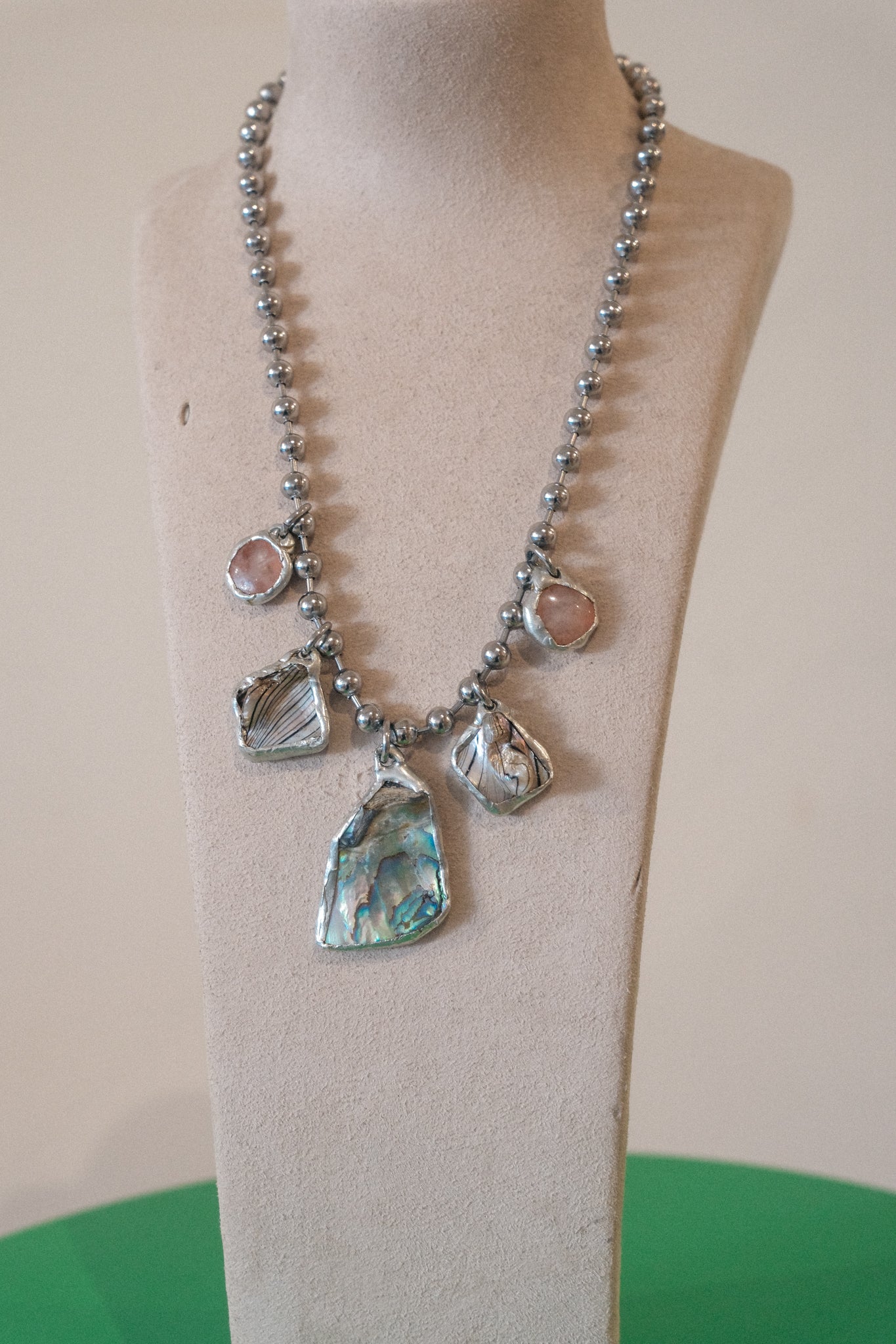 5 Charm Necklace (Irridescent Abalone, Rose Quartz)