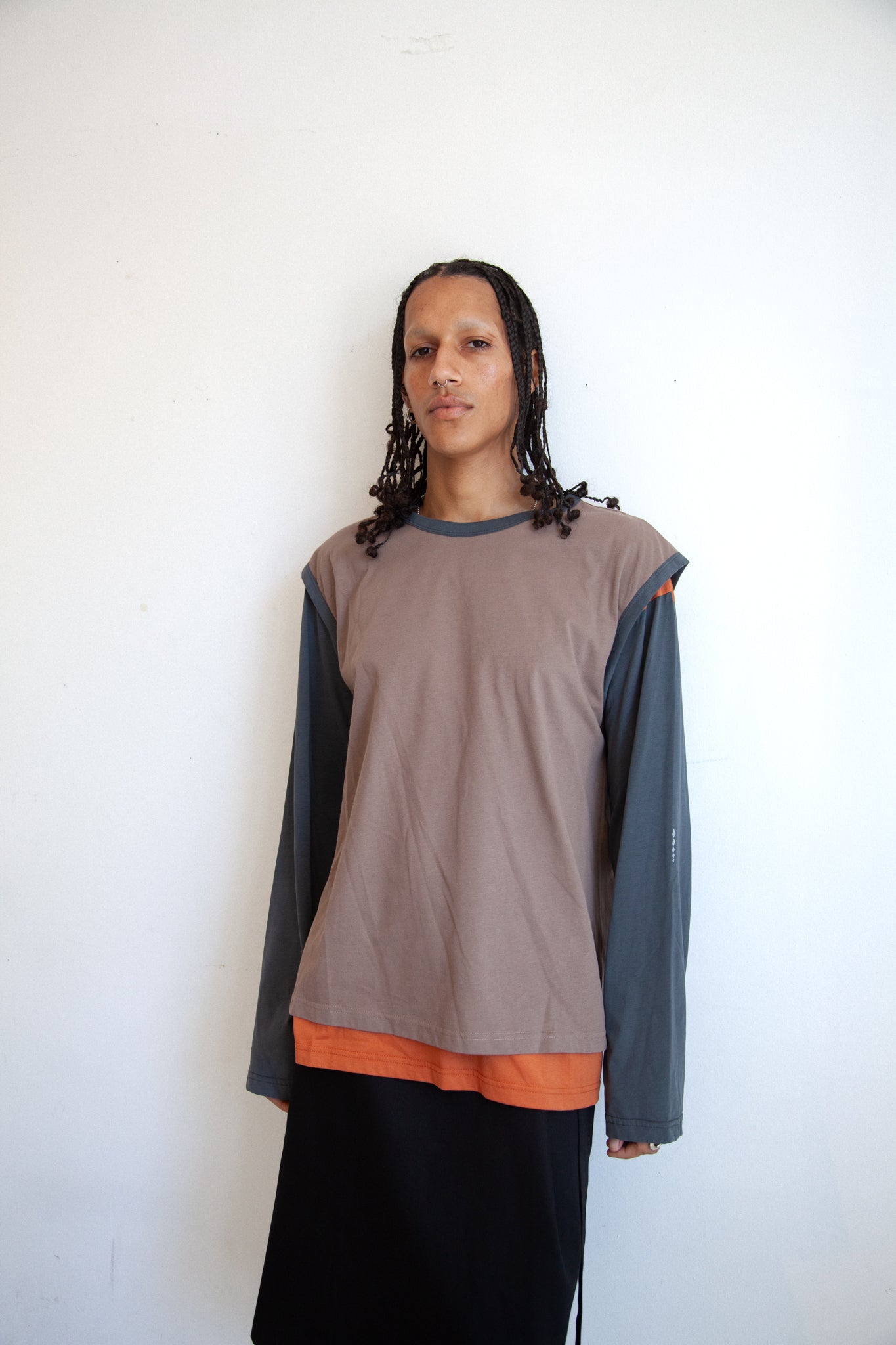 Layered Long Sleeve T-Shirt (Brown/Grey/Rusty Orange)