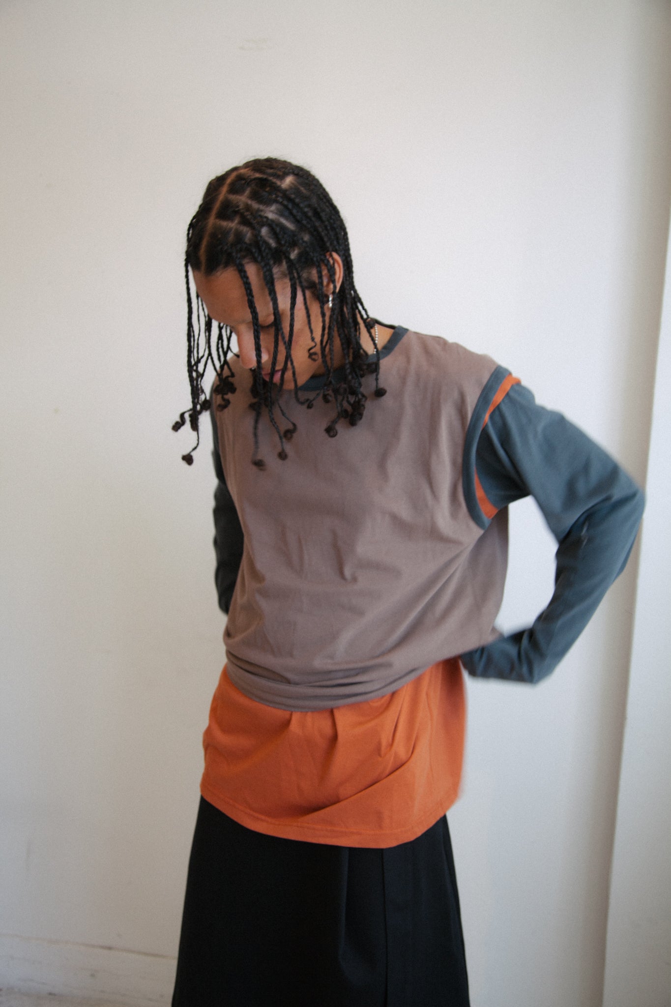 Layered Long Sleeve T-Shirt (Brown/Grey/Rusty Orange)