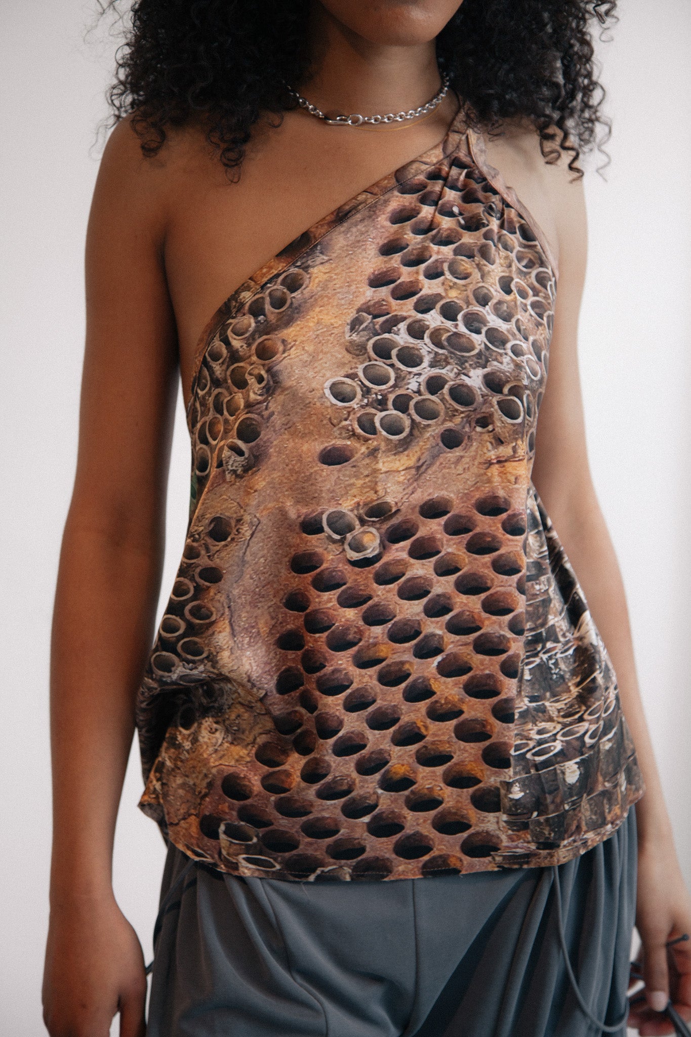 Scrapyard Pattern One Shoulder Silk Top