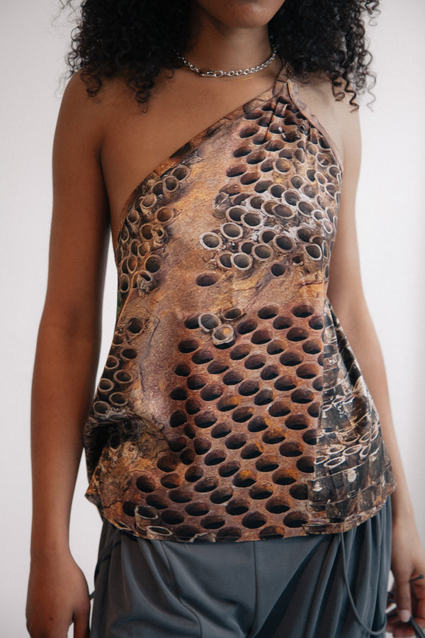 Scrapyard Pattern One Shoulder Silk Top