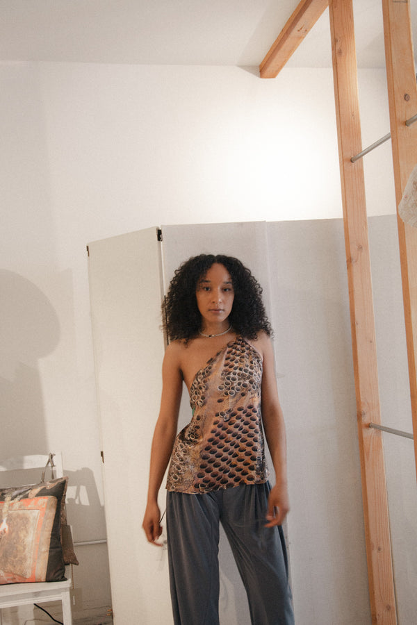 Scrapyard Pattern One Shoulder Silk Top