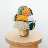 Hand crocheted, multicolor beanie in mustard yellow / green / white / beige