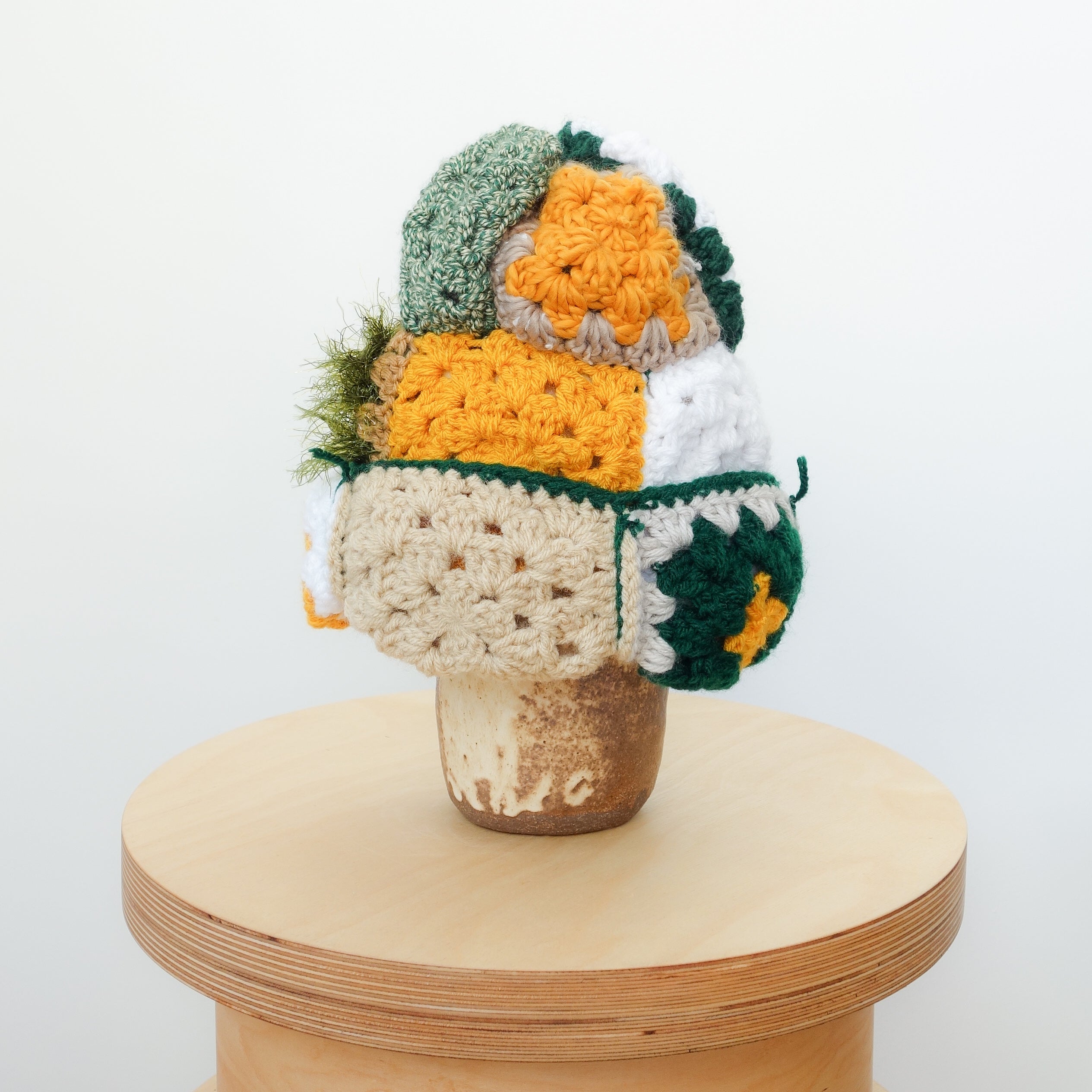 Hand crocheted, multicolor beanie in mustard yellow / green / white / beige