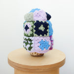 Hand crocheted, multicolor beanie in shades of lavender / violet / baby blue / navy / black / green / pistachio